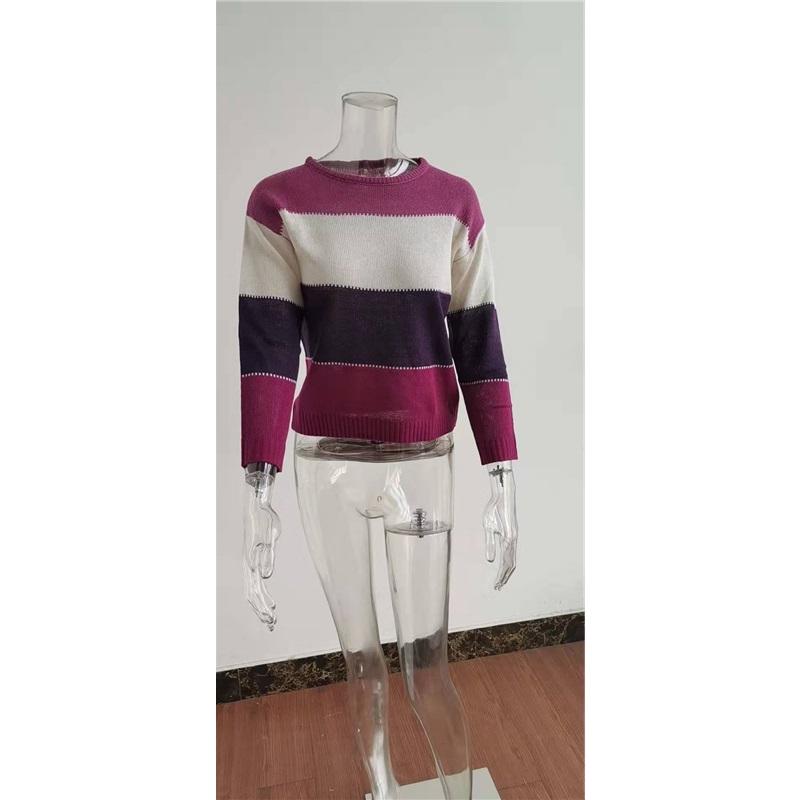 Women's Autumn And Winter Long Sleeved Striped Fur Round Neck Knitted Pullover Top Sweater