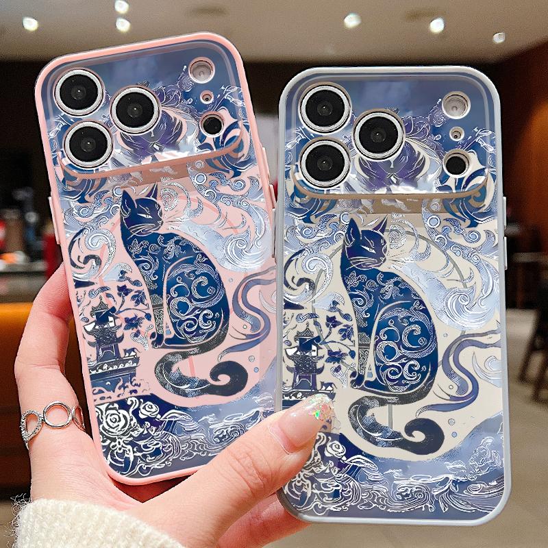 Blue Ink Cat Magnetic Phone Case For iPhone 17 Pro Max 16 15 14 13 Pro Max For Magsafe Wireless Charge Matte Hard PC Back Cover
