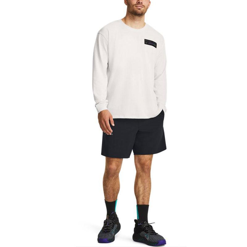 Under Armour Johnson Series Solid Cuffed Training Loose Fit Crew Neck Long Sleeve Drop Shoulder T-Shirt Men Tops White 1380125-114