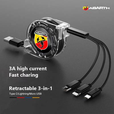 3 In 1 Car Fast Charging Cable Auto Emblem Telescopic Charger For FIAT Abarth 500 Pulse Panda Tipo Strada 600 500L Mobi Freemont