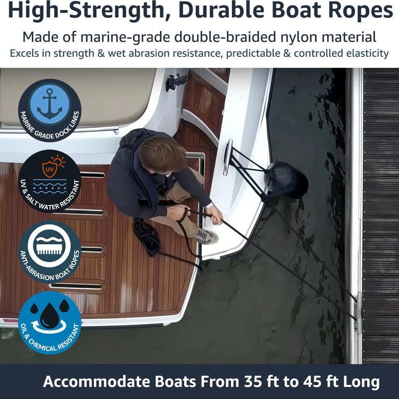 4.6m/15ft Black Boat Dock Lines Heavy Duty Dock Mooring Rope Boat Anchor Rope Marine Grade for Yacht Fishing Boat Nylon Line