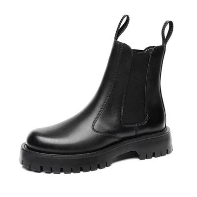 Fashion Chelsea Boots Mens Winter Shoes Thick Sole Non-slip Genuine Leather Mens Ankle Botas Warm Plush Black