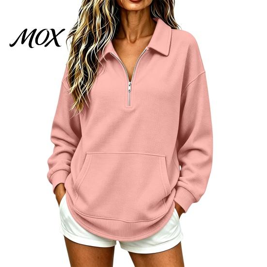 Women Waffle Sweatshirt Half-zip Sweatshirt, Long Sleeve Pullover Top with Kangaroo Skin Friendly Pocket, Loose Fit Casual Lapel for Fall Winter