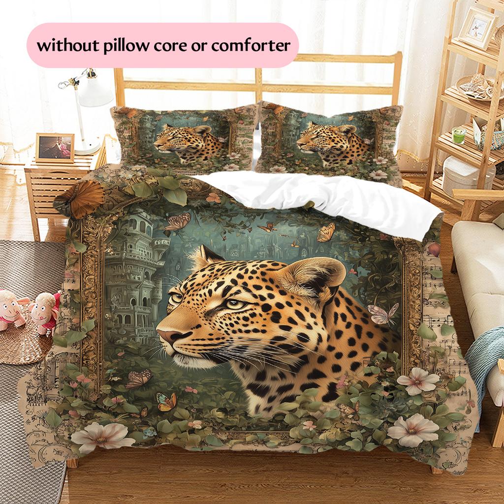 Forest Leopard Pattern Bedding Quilt Set Quilt Cover Pillowcase Home Decoration Gift (1 * Duvet Cover + 2 * Pillowcase, Without Core)