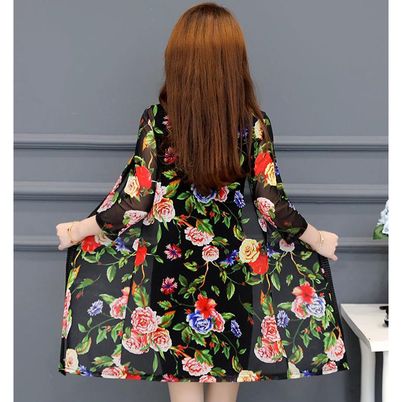Damen Mittellang Große Größe Sonnenschutz Cardigan Tops Mantel Damen Sommer Spitze Druck Dünne Sonne Sonnencreme Jacke
