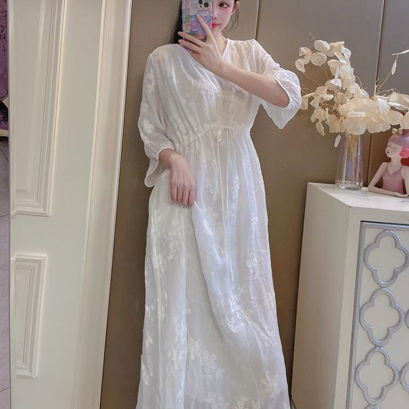 Rochie Ramie Brodată Greu cu Decolteu în V și Talie Cambrată Femei Vară Zen Lungă Literară Retro High-End Bumbac In Fustă Lungă