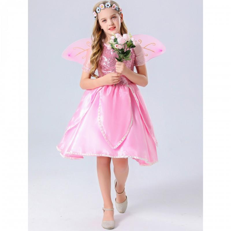 S-XL Halloween Pink Angel Costume Kids Wings Snow White Dress Girls Role Play Party