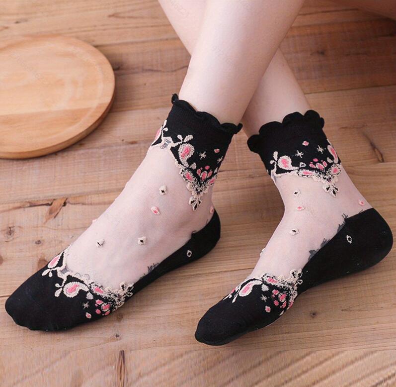 1 pereche de șosete din dantelă pentru femei, la modă de vară, șosete subțiri transparente, anti-alunecare, șosete ultra-subțiri pentru femei.