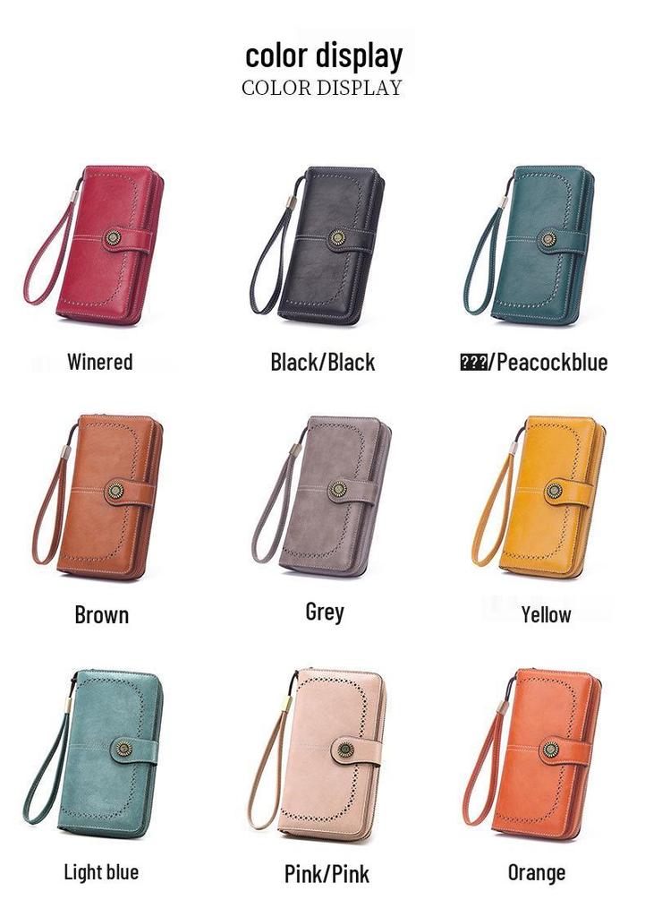 Women's Retro Oil Wax Leather Long Wallet - Hollowed-out Design, Multi-functional, Large Capacity Phone Bag