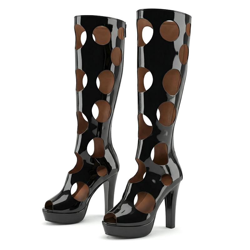 Women s high-heeled cool boots spring and summer new waterproof table thick heel large size hollow sexy fish mouth boots 34 чёрный 6600₽