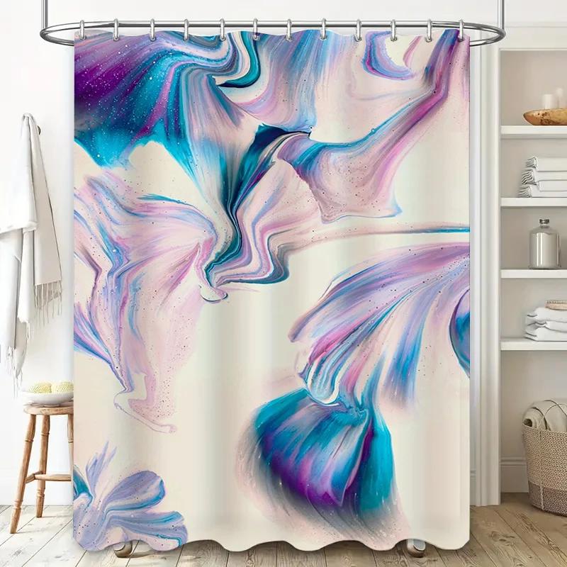 Marble Shower Curtain Colorful Bath Linen Decor for Bathroom Easy Installation Waterproof Fabric in Pink Blue Swirl Pattern
