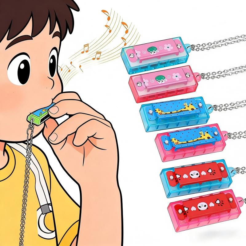 Children's Cartoon Mini Harmonica Necklace 4 Holes 4 Notes Music Toy - Boys & Girls Birthday Party School Christmas Gift