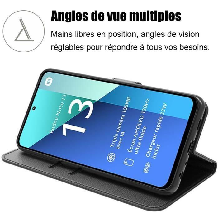 Hülle für Xiaomi Redmi Note 13 4G (nicht für 5G) + 2 gehärtete Gläser, Schwarz, Stoßfestes Lederimitat mit Kartenhalter und Standfunktion
