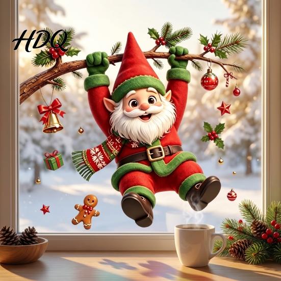 Reusable Window Stickers Cute Gnome Christmas Static Cling Removable Decal with Holly Bell Decals Gingerbread Snowflake Holiday Decor for
