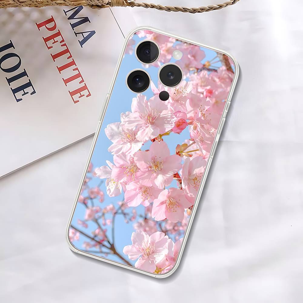 Pink Sakura Phone Case For IPhone 17 16 15 14 Plus 13 12 11 Pro Max Phone Back Cover Transparent Shockproof Cover