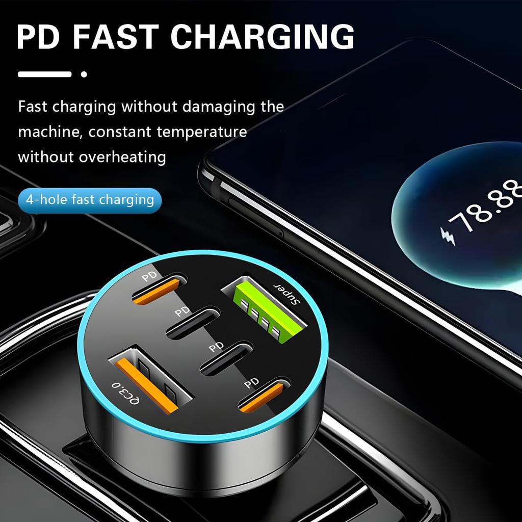 66W 6-Port Car Charger with PD & QC 3.0, 12-24V Fast Charging, Universal for Smartphones