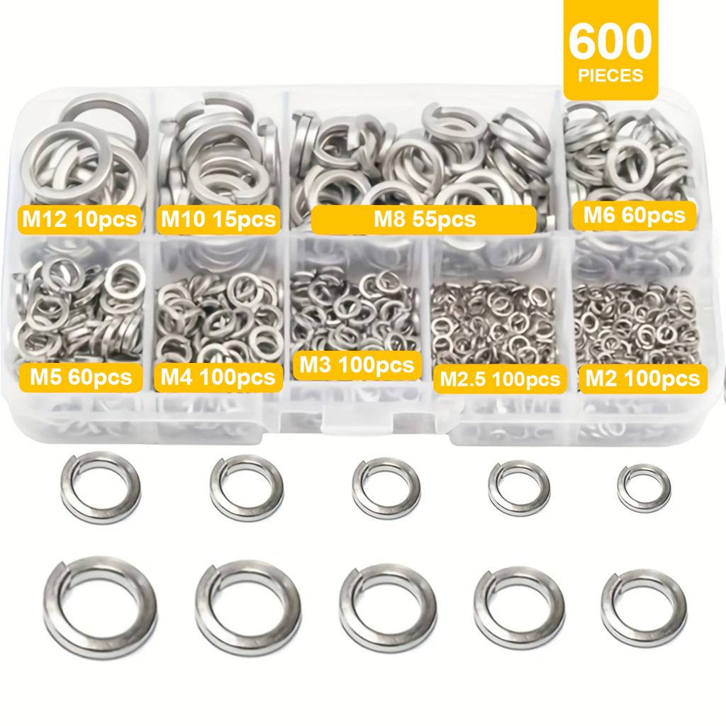 600 Stainless Steel Spring Lock Washer Kits, (M2.5-M12) 9 Sizes of Washer Combinations