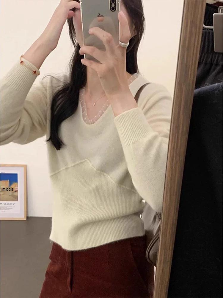 

Chic Gray Polka Dot V-Neck Lace Sweater - Women s Autumn/Winter Loose Knit Innerwear Large білий