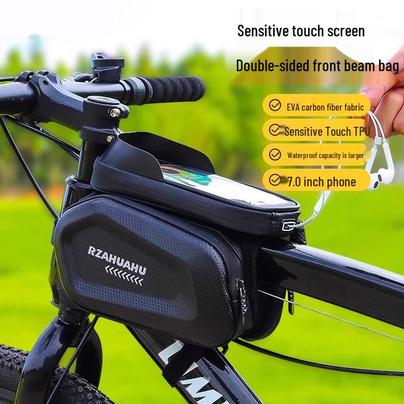 Waterproof Hard Shell Mountain Bike Front Beam Bag with Touchscreen Mobile Holder 19x11x5 cm