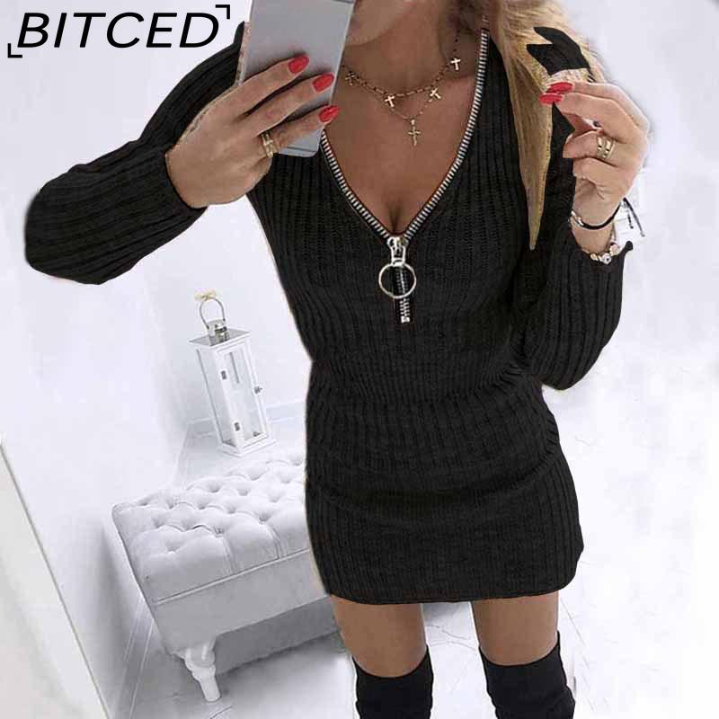 BITCED S-5XL Autumn Winter Womens Wrap Skirts Zipper Waist Long Sleeve Knitted Dress Hips