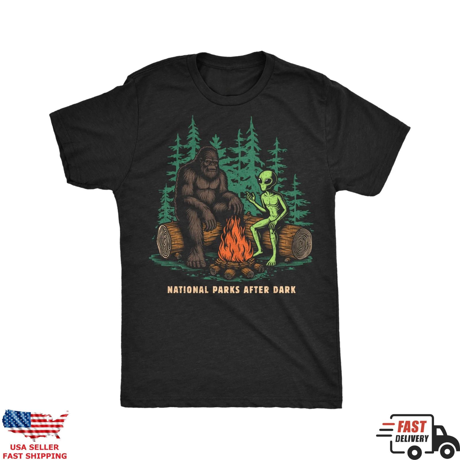 National Parks After Dark Shirt Bigfoot Alien Funny Camping Graphic Tee XXXXL