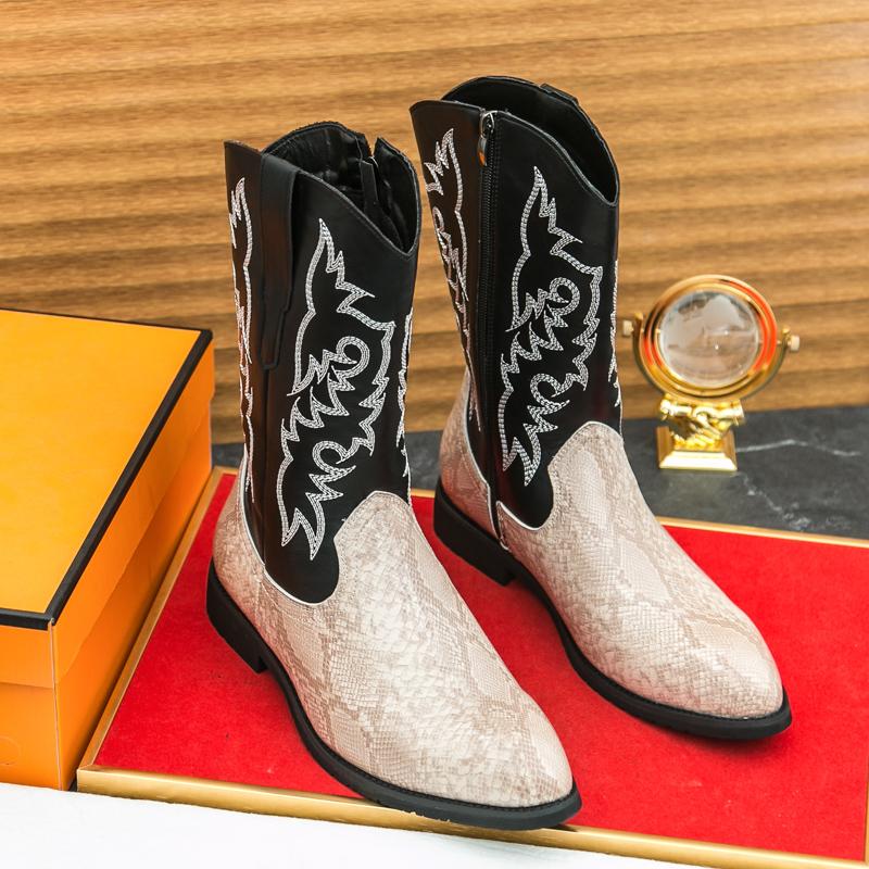 

Classic Retro Style Embroidered Western Denim Boots Non Slip Wear-Resistant Quality Sole Men Leather Boots High Top Luxury Boots 38