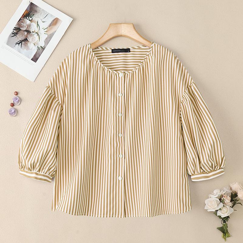 ZANZEA Women Casual Round Neck Loose Long Sleeve Stripe Blouse