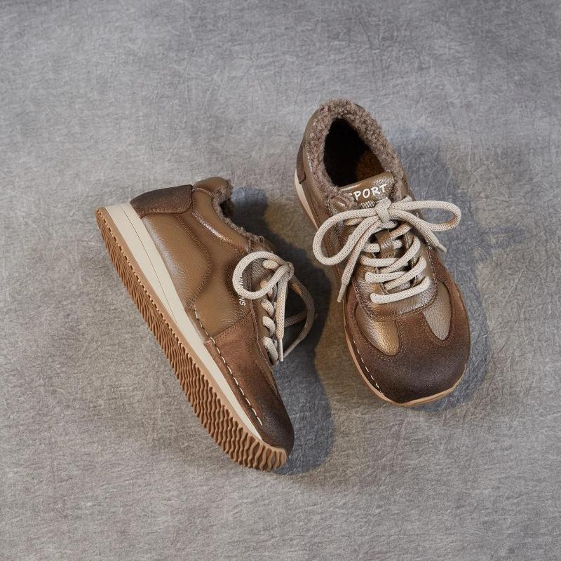 Johnature Echtes Leder Plüsch Warme Damen Schuhe Lässig Weich besohlt Sportschuhe Vielseitige Schnürschuhe Baumwollschuhe