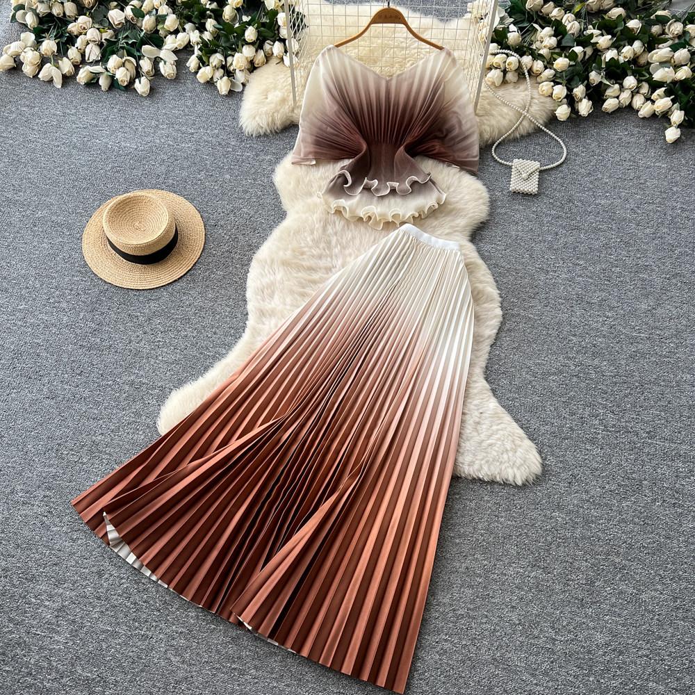 

Miyake Pleated Printed Gradient-Color Ruffled Blouse Two Piece Sets for Women Elegant Scalloped Hem Crop Top and Long Skirt Suit One Size кавовий
