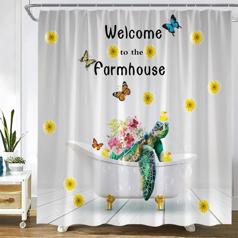 Bathroom Rules Animal Shower Curtains Sea Turtle Octopus Farm Cow Highland Cattle Sunflower Creative Bath Curtain Home Decor Set