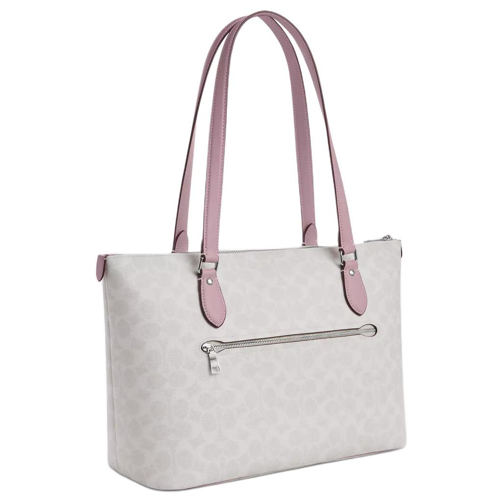 Coach White Signature Canvas Large Zip Tote Bag with Pink Leather Trim for Daily Use