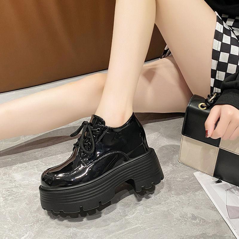 Inner Height Increase Small Leather Shoes Women's British Style Autumn New Platform Muffin Shoes Wedge Heel High Heel Single Shoes