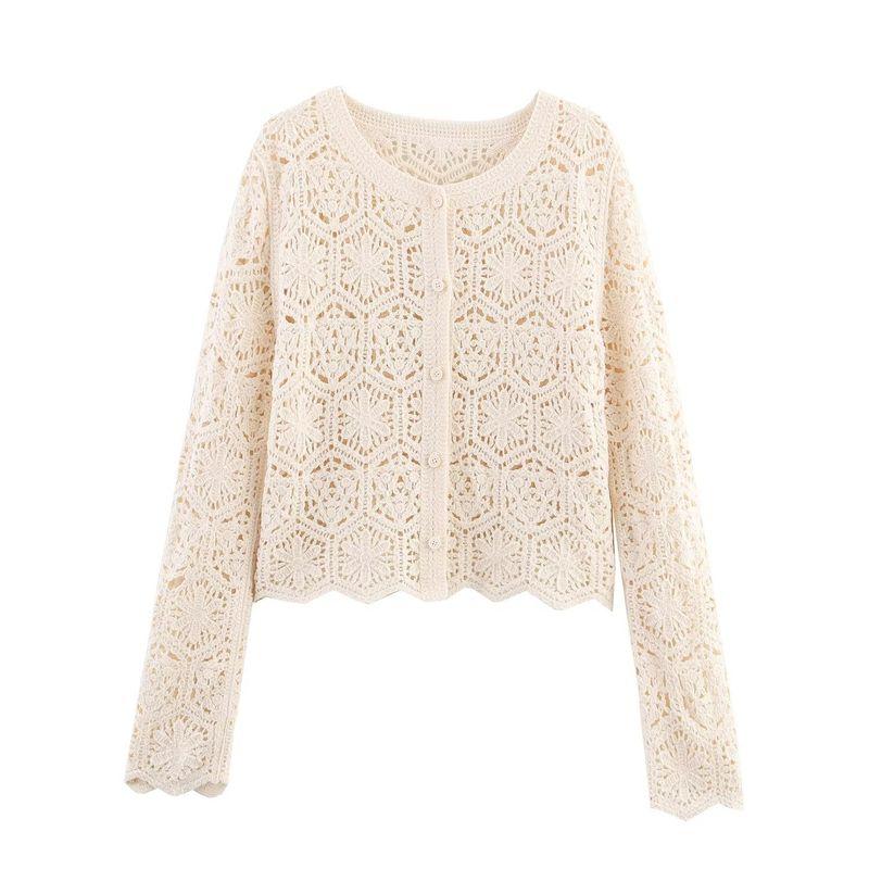 Kaslead New Women Clothes Western Style Fashion Round Neck Long Sleeve Hollow Wave Hem Knit Cardigan