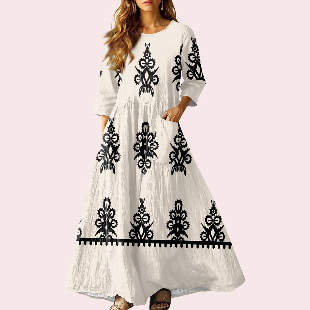 Dámské retro etnické lněné maxi šaty bez rukávů s výstřihem do V a stuhovou výšivkou