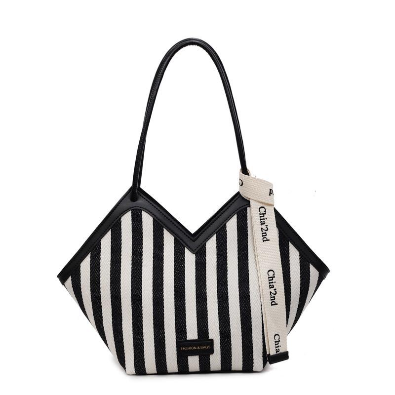 Striped canvas bag women's large-capacity new summer niche shoulder armpit bag college student class bag