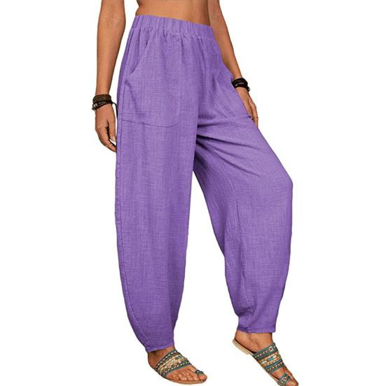 Women Pants Elastic High Waist Pure Color Long Trousers with Pockets Loose Fit Wide Leg Harem Pants Daily Wear
