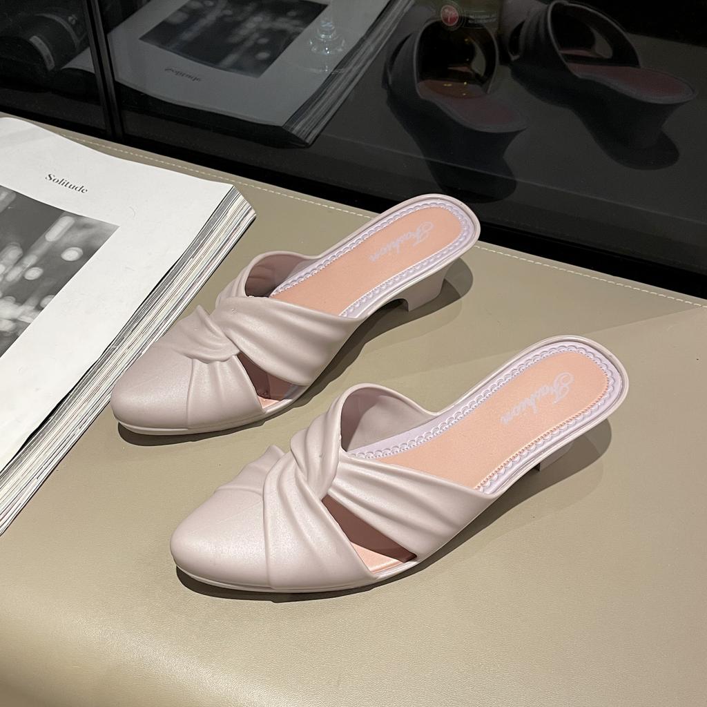 Women's New Summer PVC Fashion Solid Color Pointed Head Half Drag Thick Heel Women's Shoes Hollow Out Low Heel Sandals