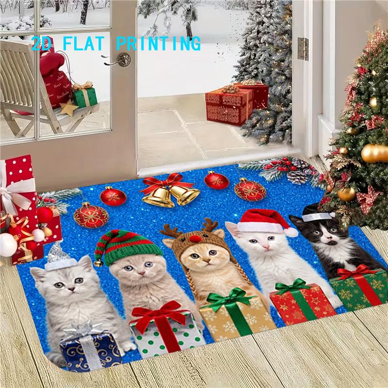 1Pcs Anti Fatigue Kitchen Rugs Christmas Cat Theme Print Waterproof Non Slip Thick Cushioned Mat