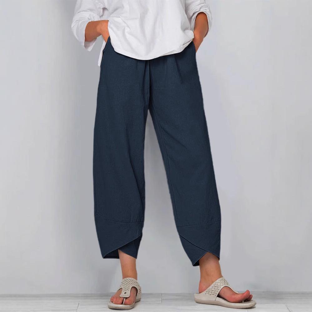 Women Cotton Linen Harem Pants Vintage Printed Wide Leg Trousers Casual Solid Pockets Harajuku High Waist Baggy Pants Joggers