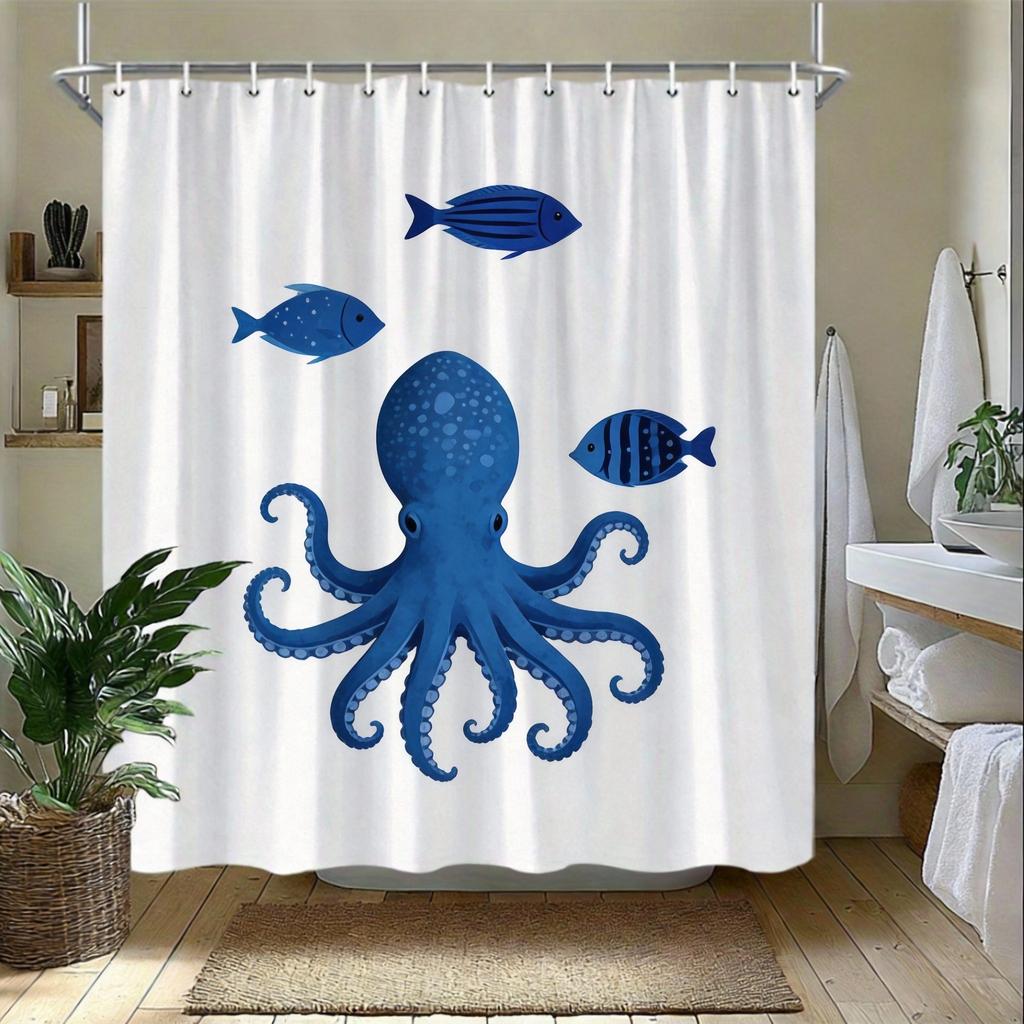 Minimalist Fish Shower Curtain 180x180cm – Stylized Blue Geometric Pattern, Abstract Bathroom Decor, 12 Hooks
