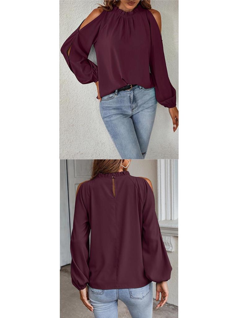 European Autumn/Winter Women's Off-Shoulder Top - Solid Color, Ruffle, Half-High Collar, Long Sleeve.