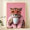 Canvas Art Print,Frameless Poster, Perfect for Animal Lovers, Wall Decor Home, Office, Cafe Charming Cheetah Drink Coffee