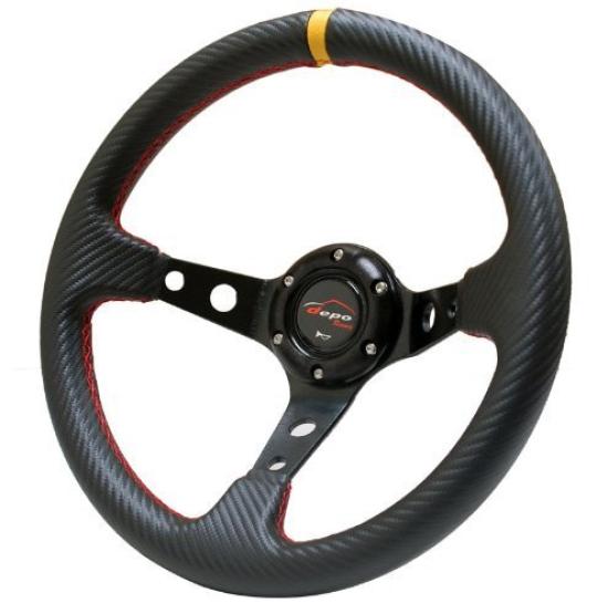 

Steering 32mm Deep Carbon Fiber Red Cross Yellow Top Wheel, Cone, 70mm, PVC, Stitch, (D32C) чорний