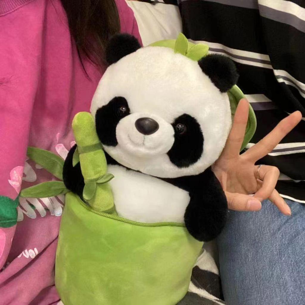 Bamboo Tube Panda Plush Toy with Flower Pillow
