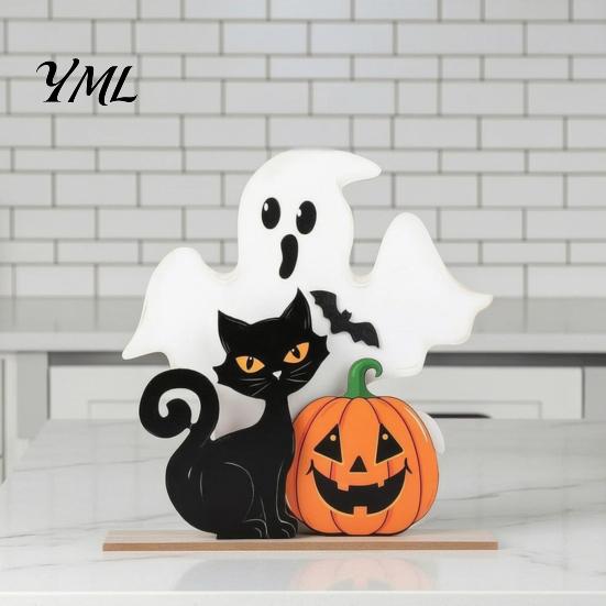 Compact Festive Ornaments Halloween Table Decor, Wooden Black Cat Ghost Pumpkin Decorations Indoor Cute Burr Free Wood Crafts Gifts, Room Decor