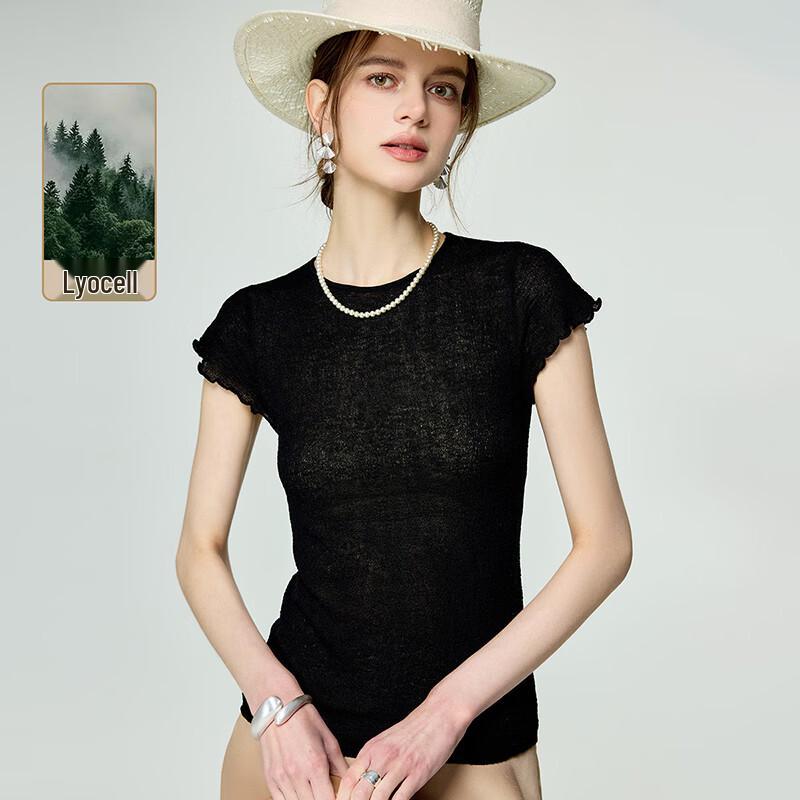 Wudao Women s Lyocell Tencel Lace Trim Short Sleeve T-Shirt L