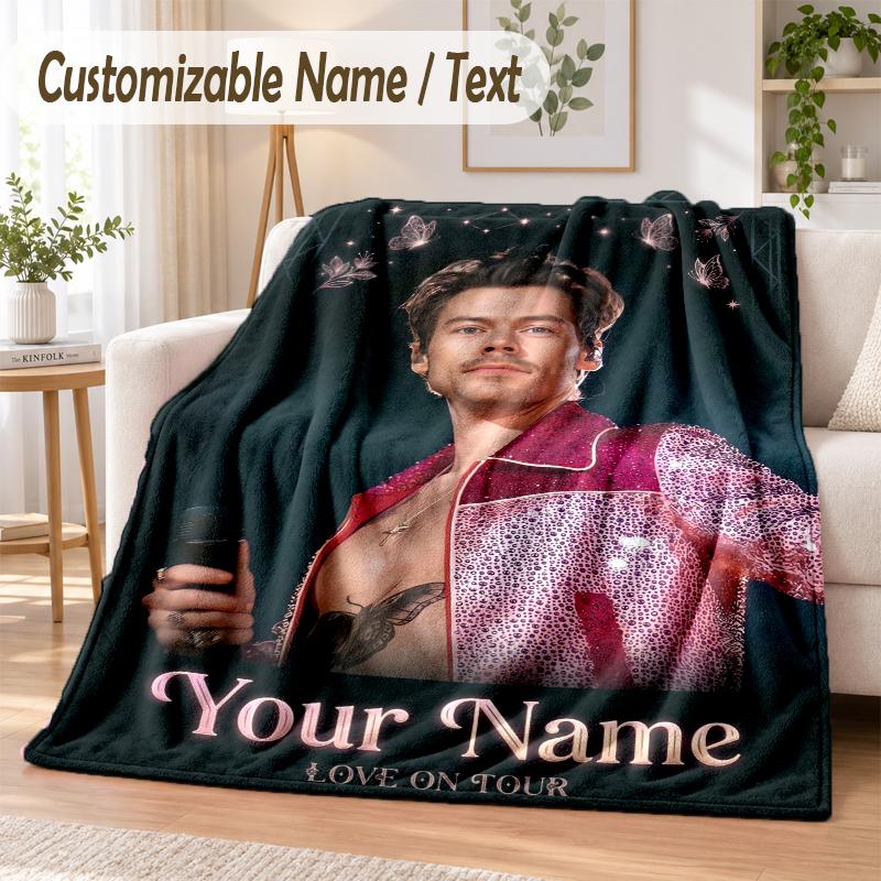 Harry Styles Custom Name Flannel Throw Blanket Soft Warm for Sofa Bed Indoor Home Use
