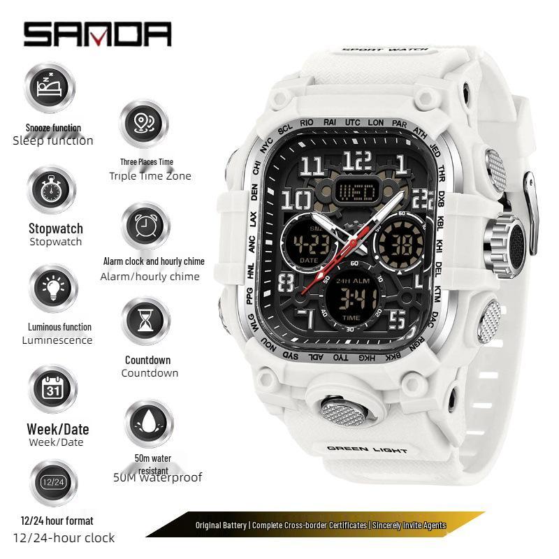 Sanda Men's Trendy Waterproof Multi-Functional Electronic Watches with Three-Time Zones for Casual Use