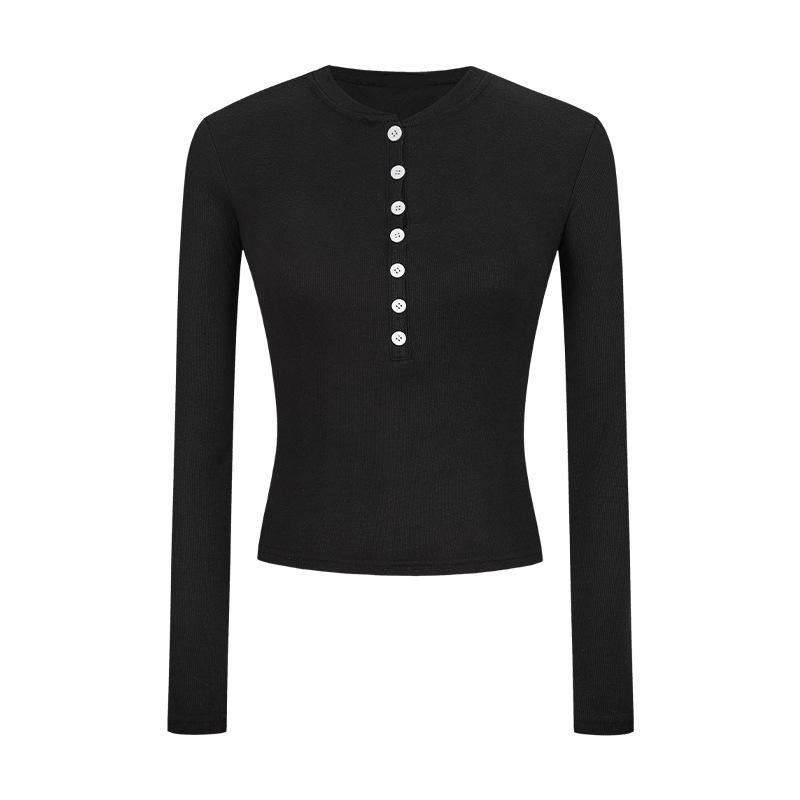 Women's Slim Fit Half Button Ribbed Knit Top Casual Long Sleeve Crop Tee