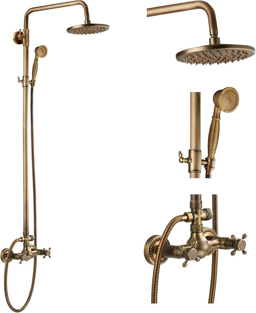 Exposed Bathroom Shower Faucet Set Shower Fixture 8 Inch Rainfall Shower Head Handheld Shower Cross Handle Wall Mount 2 Functions Antique Brass